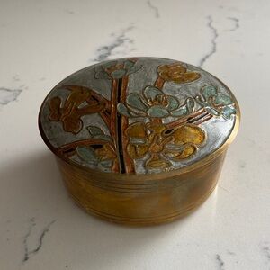 Vintage Brass Floral Trinket Box Made in India Enamel Jewelry Box